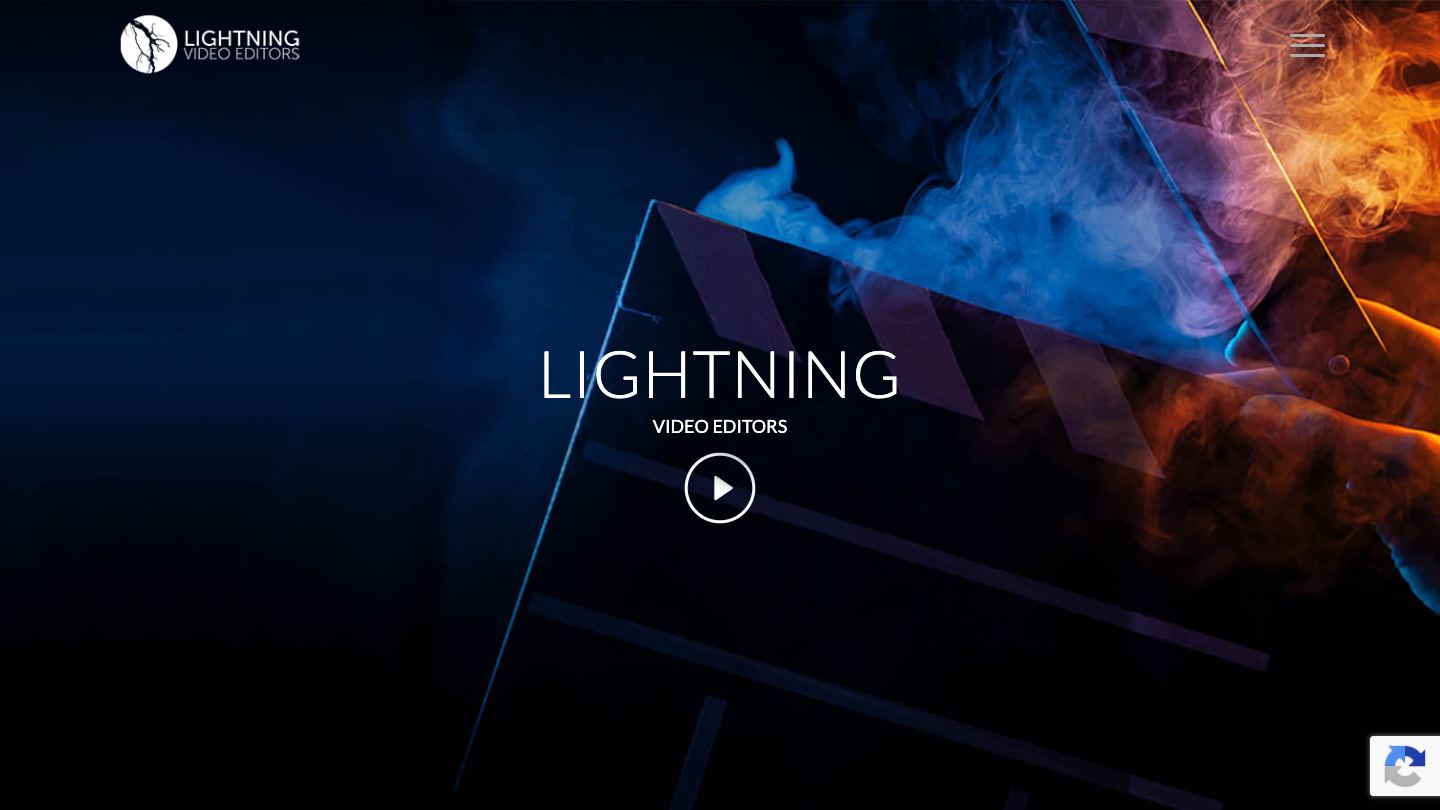 Lightning Video Editors homepage hero with a cinematic clapperboard and smoke